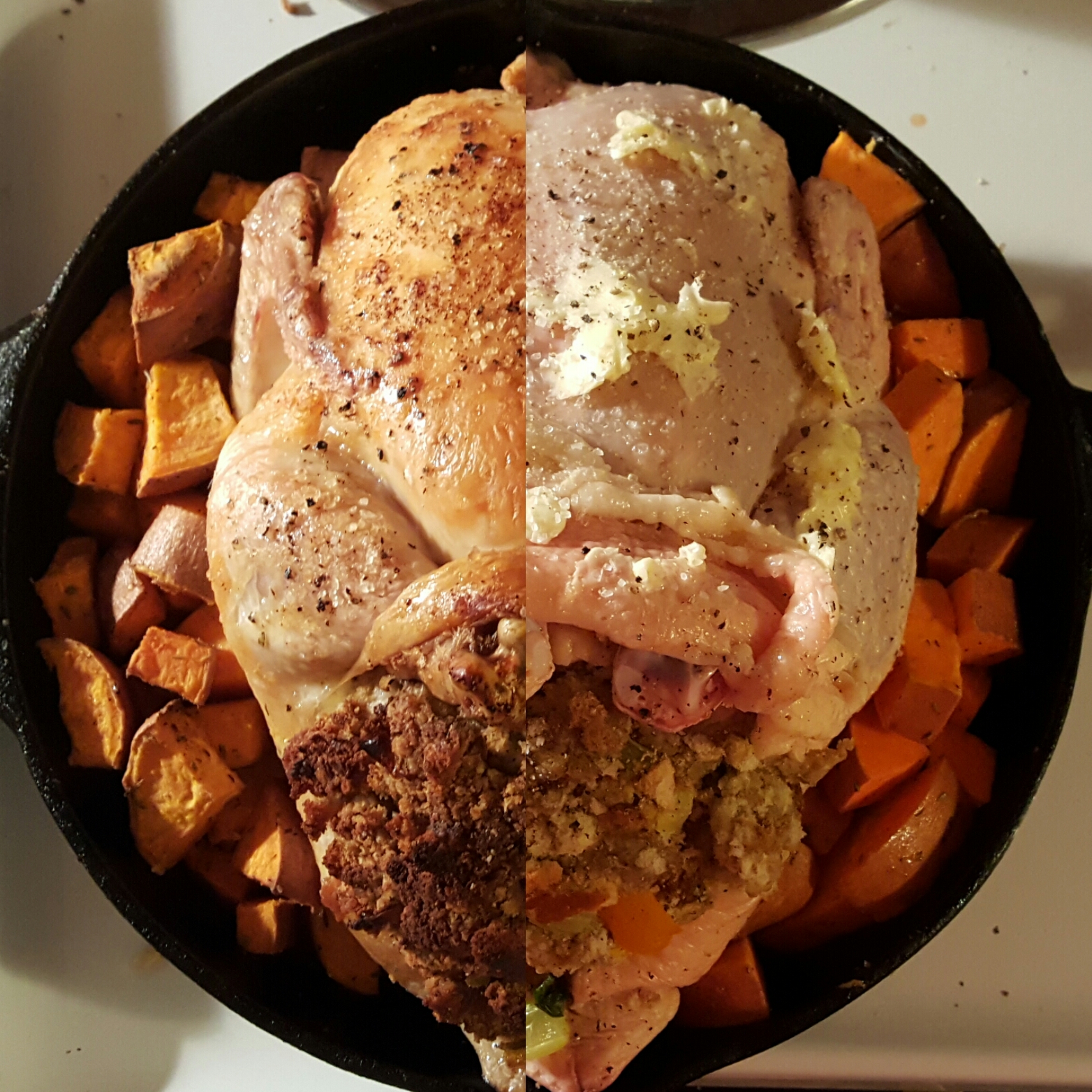 Roasted chicken and sweet potatoes with stuffing